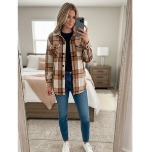Women's Plaid Button-Up Shirt Shacket Fall Top Size M